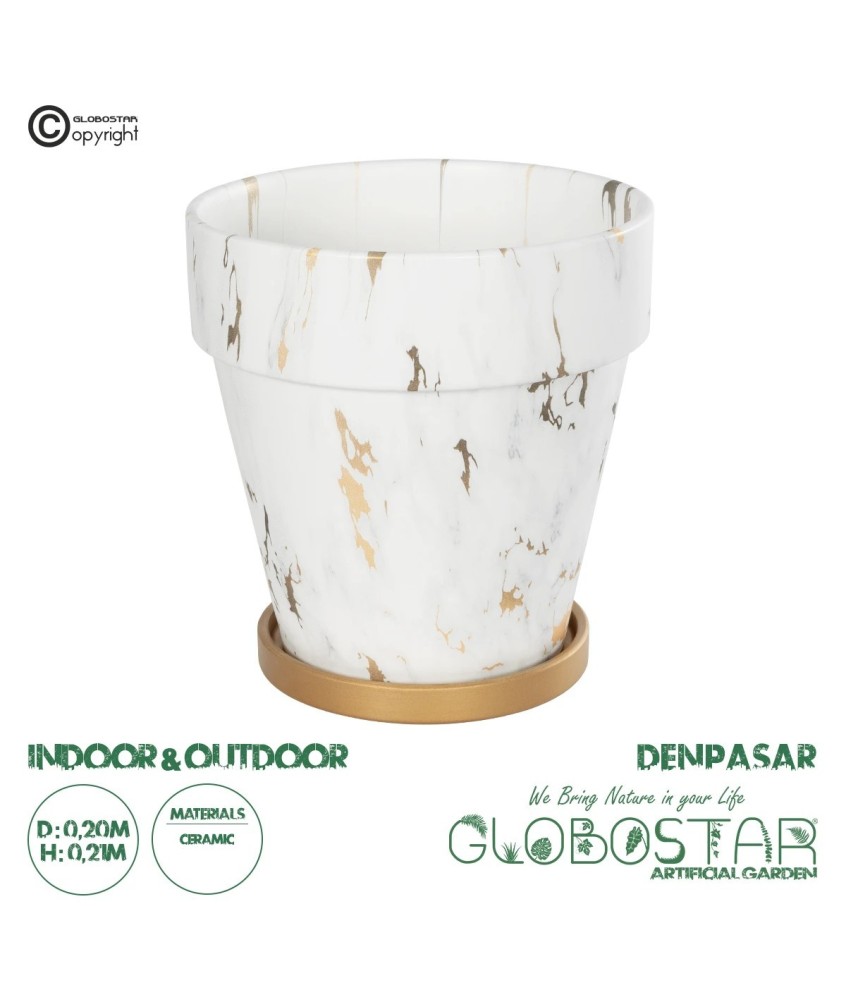 GloboStar® Artificial Garden DENPASAR 20526 Διακοσμητική Κεραμική Γλάστρα Λευκή με Χρυσό Μ20 x Π20 x Υ21 cm
